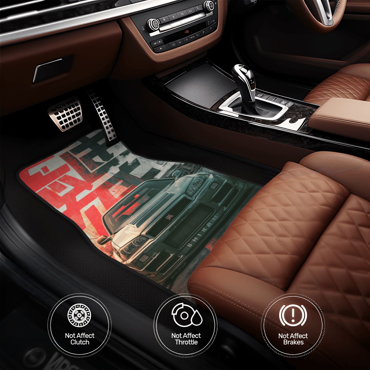 Car interior with a focus on the floor mat featuring a car graphic.