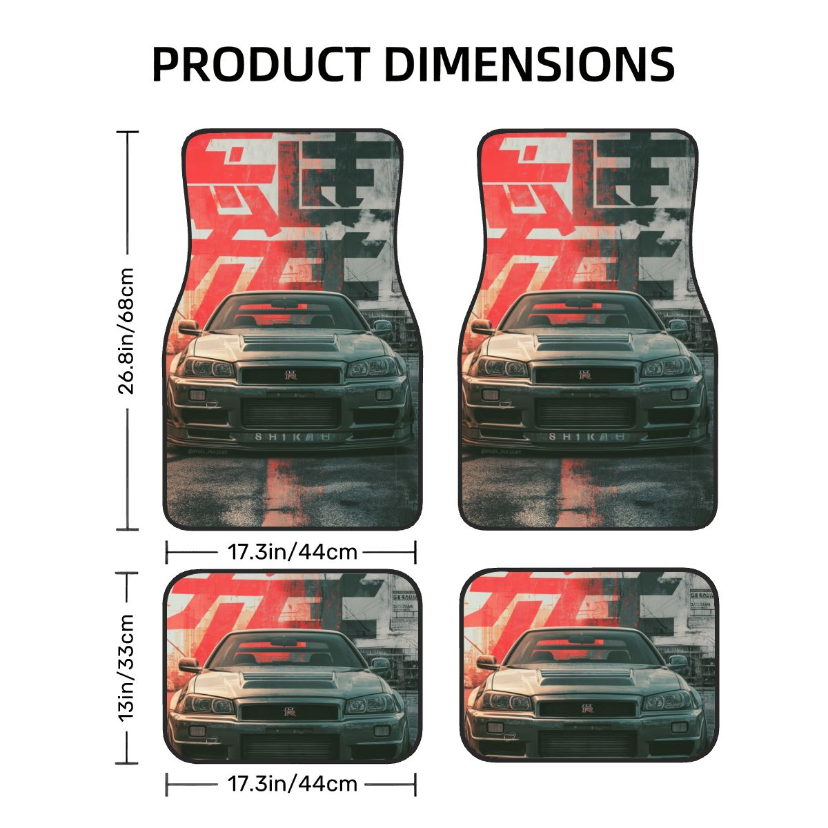 Car floor mats with a car design and measurements on a white background