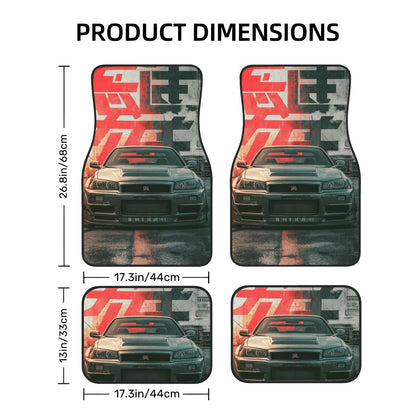 Car floor mats with a car design and measurements on a white background