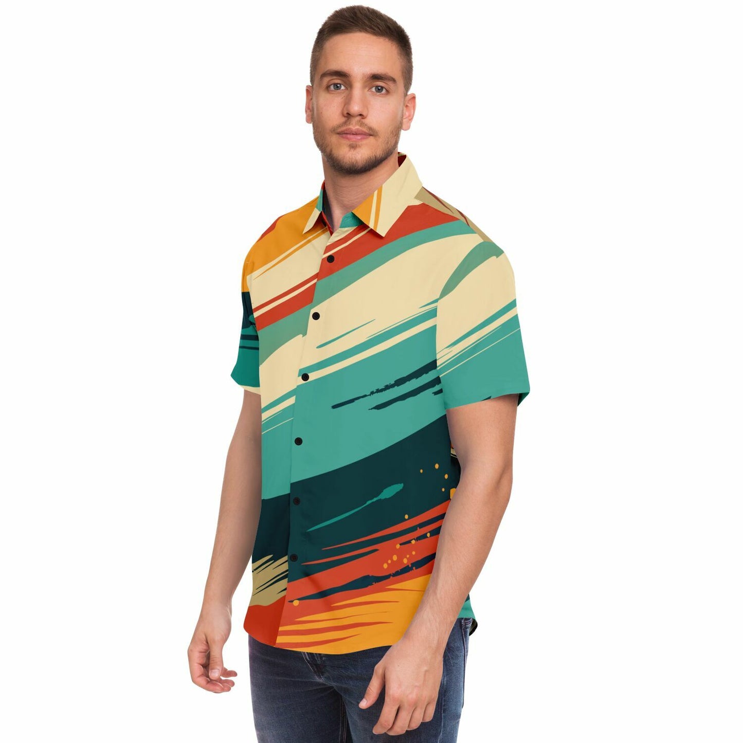 Abstract Grunge Paintstrokes Short Sleeve Button Down Shirt - AOP