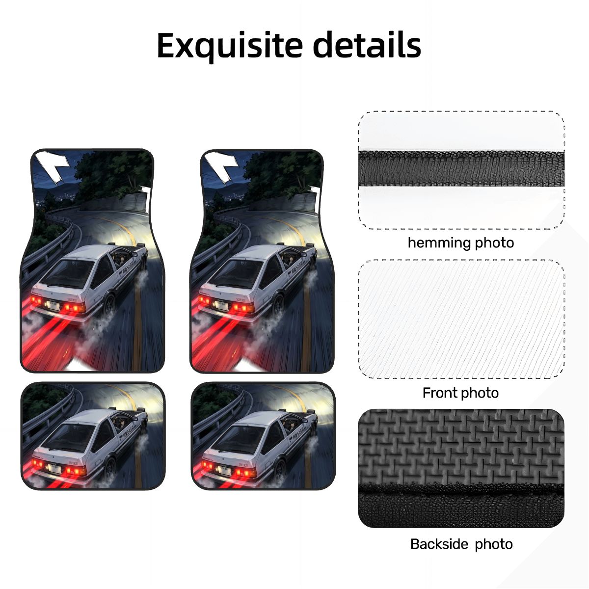 Car floor mats with a detailed design of a car on a road, showing front, hemming, and backside views.