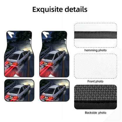 Car floor mats with a detailed design of a car on a road, showing front, hemming, and backside views.