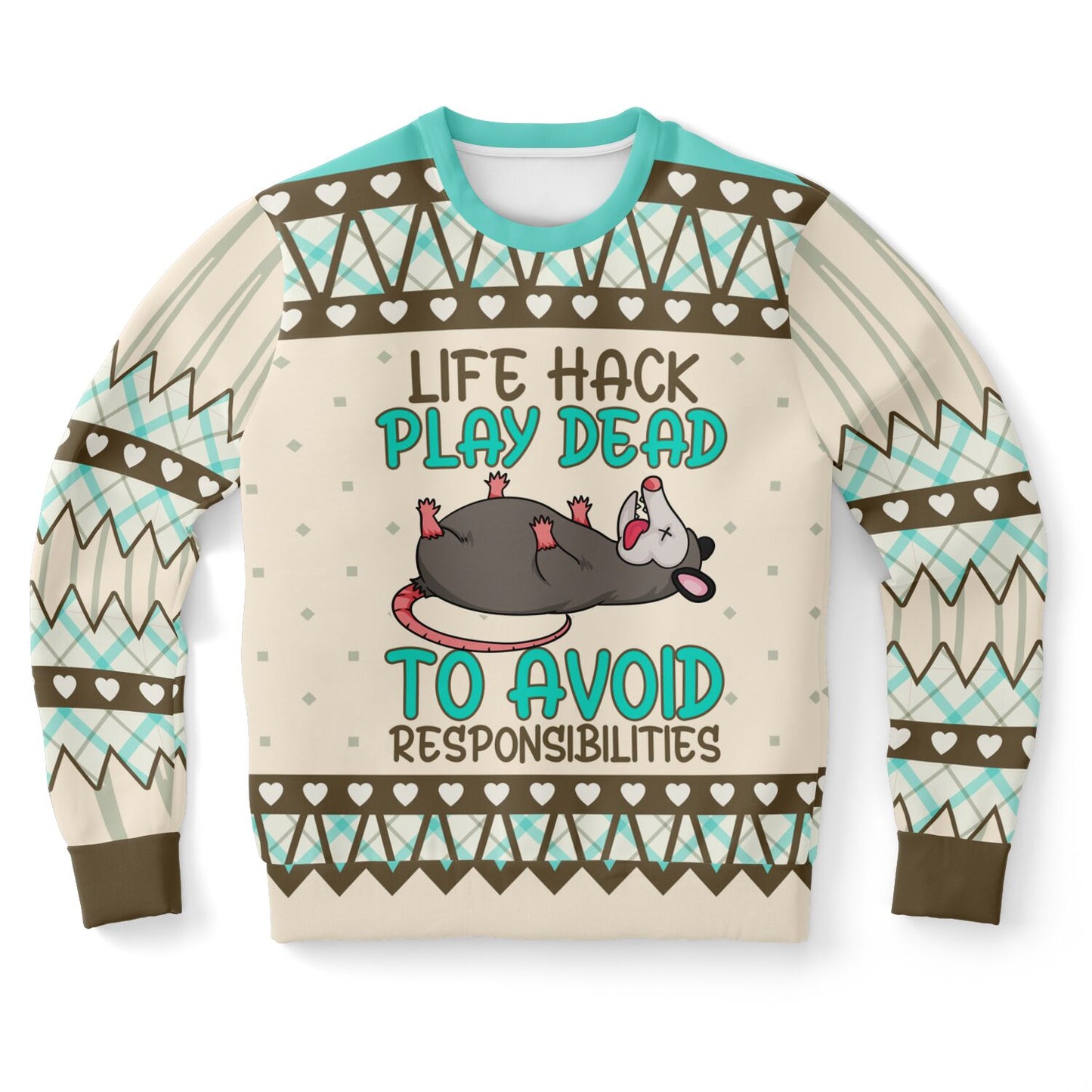 Sweater with a humorous design of a rat playing dead and text on a white background