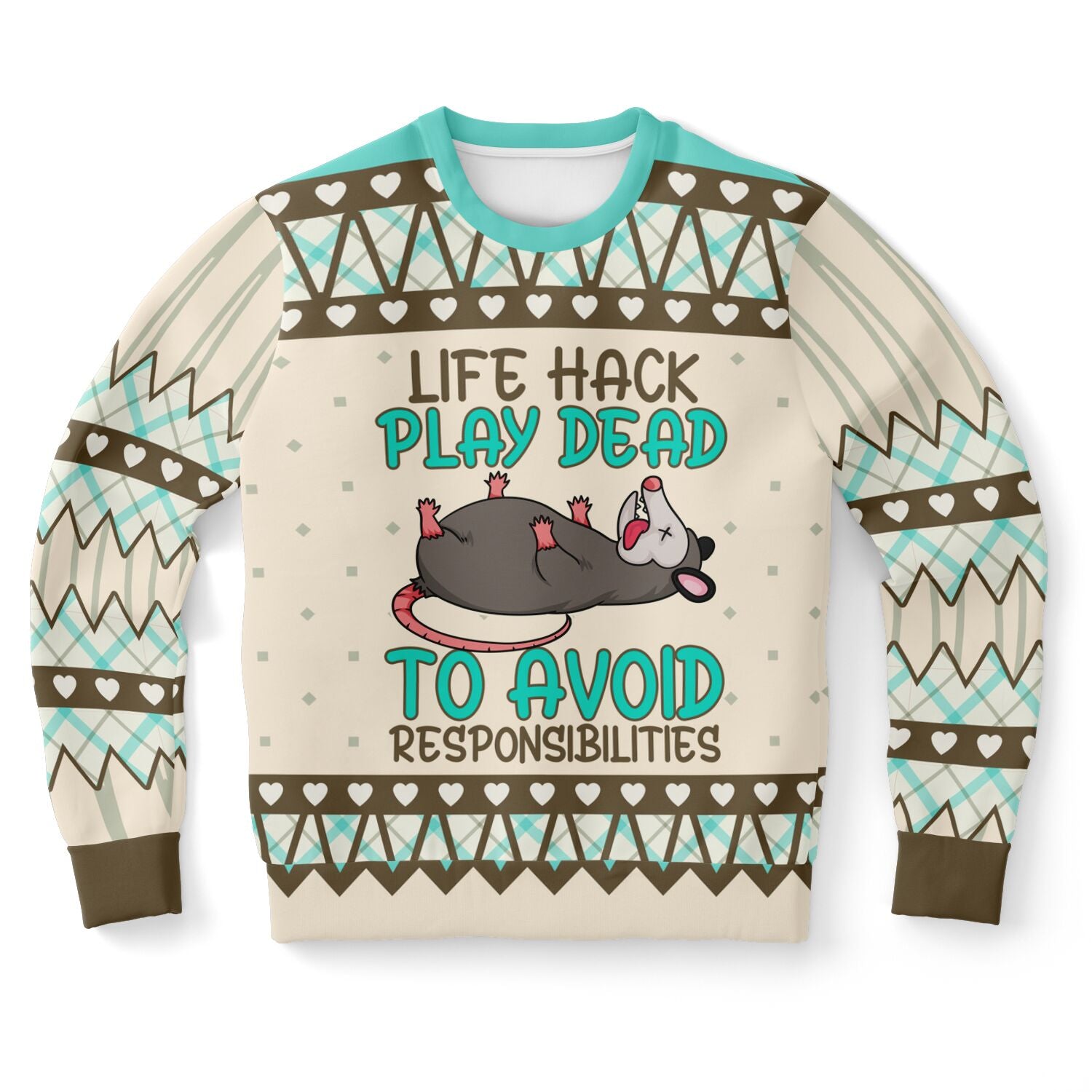 Sweater with a humorous design of a rat playing dead and text on a white background