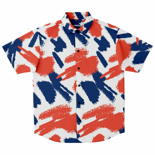 Red Blue Brushstroke Short Sleeve Button Down Shirt - AOP