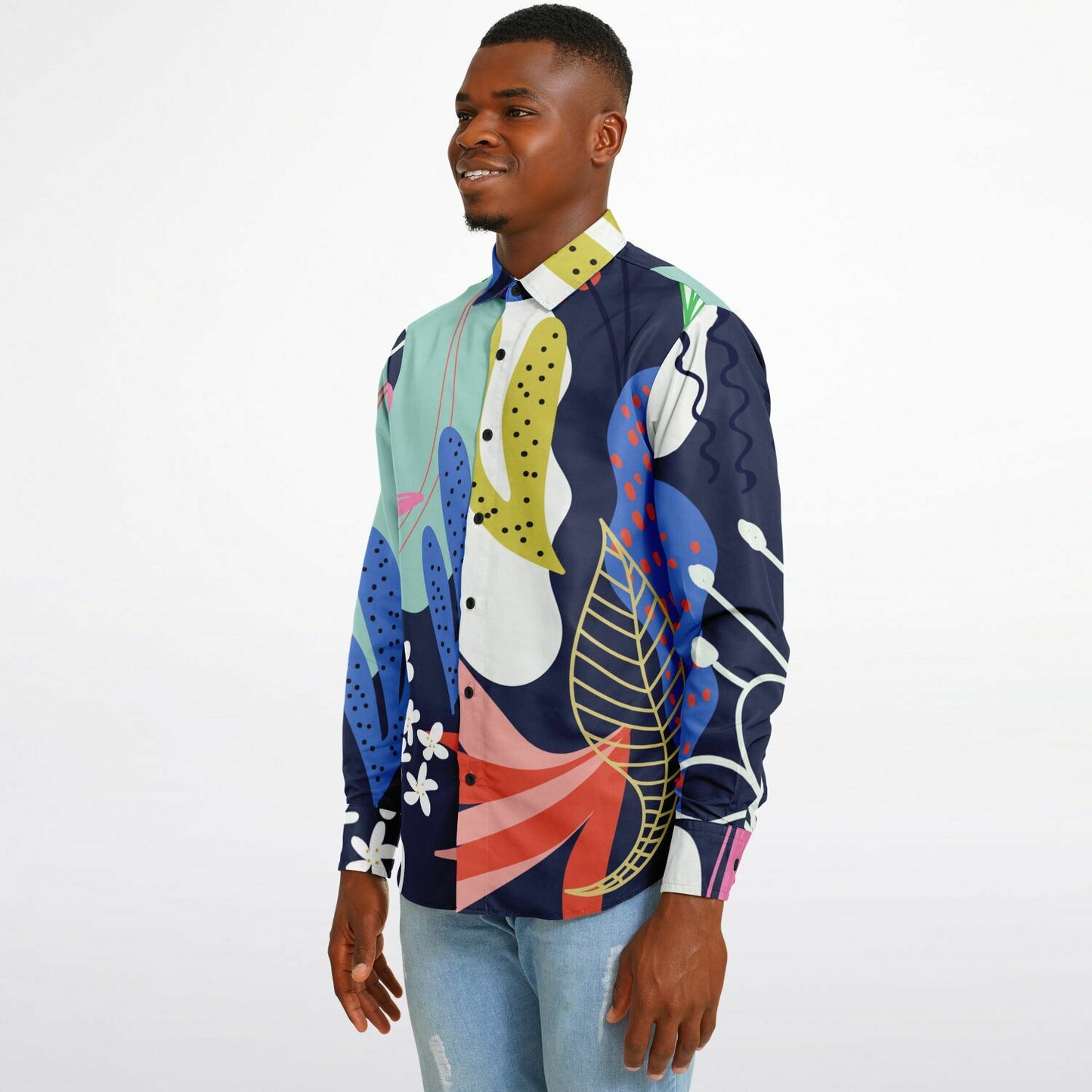 Floral Garden Hand Drawing Long Sleeve Button Down Shirt - AOP