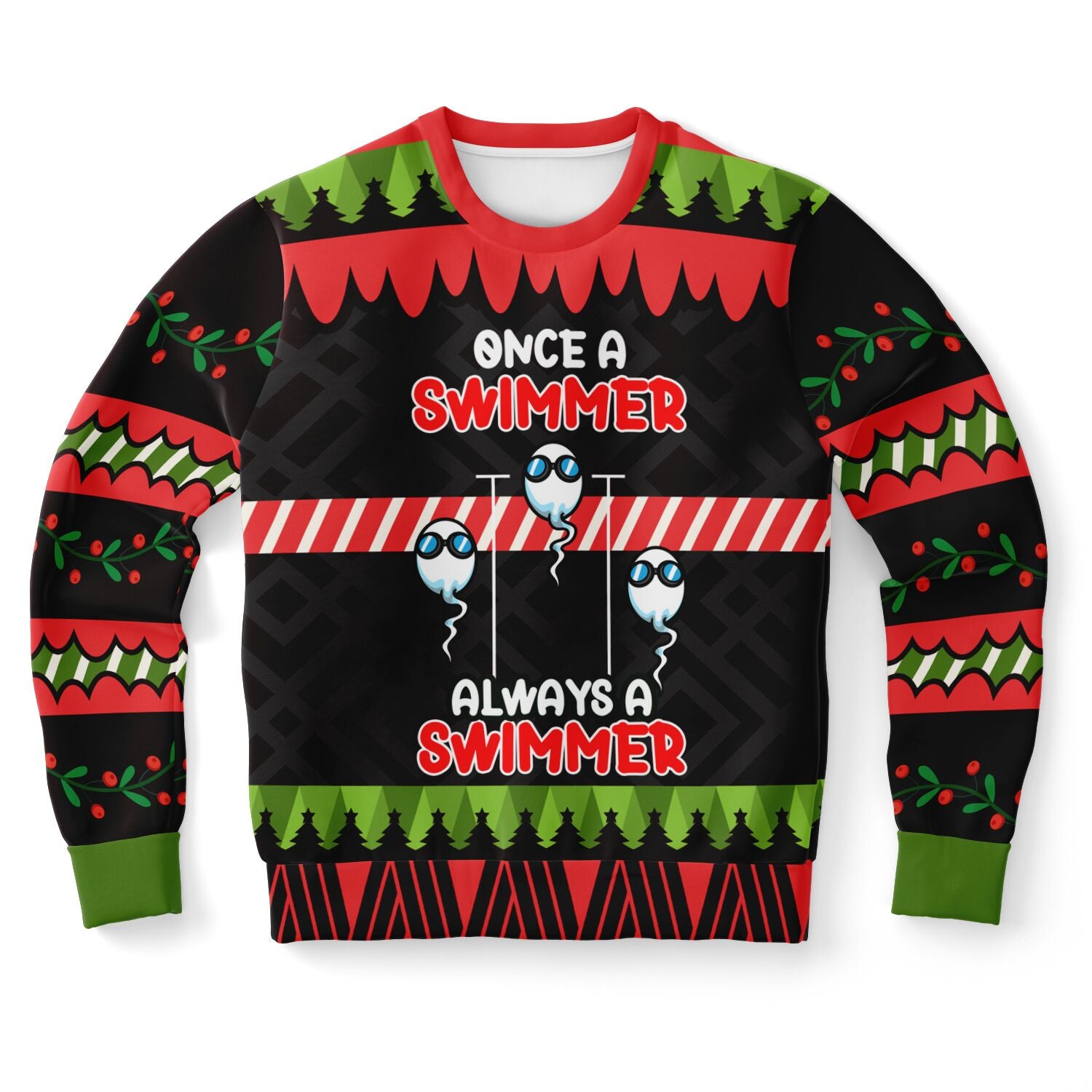 Ugly Christmas sweater with 'Once a swimmer, always a swimmer' text and pool-themed graphics.