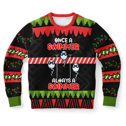 Ugly Christmas sweater with 'Once a swimmer, always a swimmer' text and pool-themed graphics.