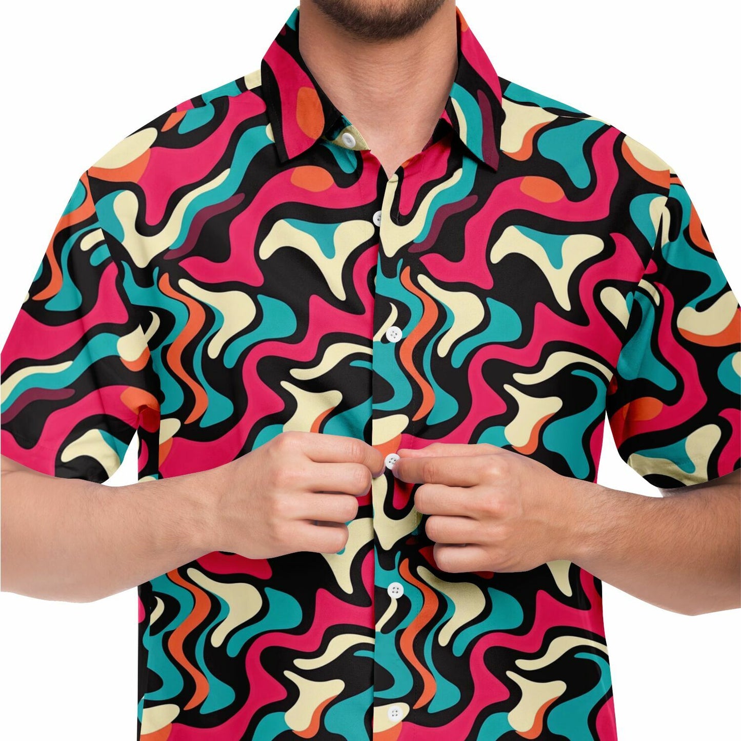 Red Blue Pattern Short Sleeve Button Down Shirt - AOP
