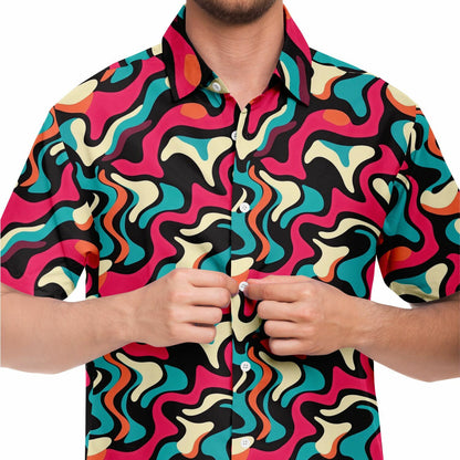 Red Blue Pattern Short Sleeve Button Down Shirt - AOP