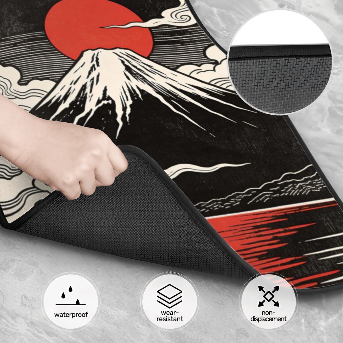 Person holding a mat with Mount Fuji design, showing waterproof, wear-resistant, and non-displacement features.