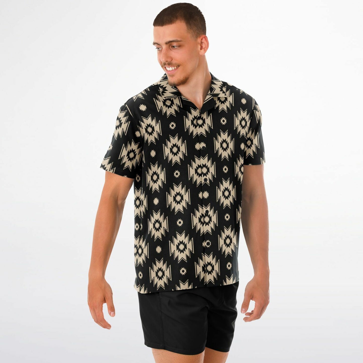 Traditional pattern spread collar shirt mockup on male model from an angle