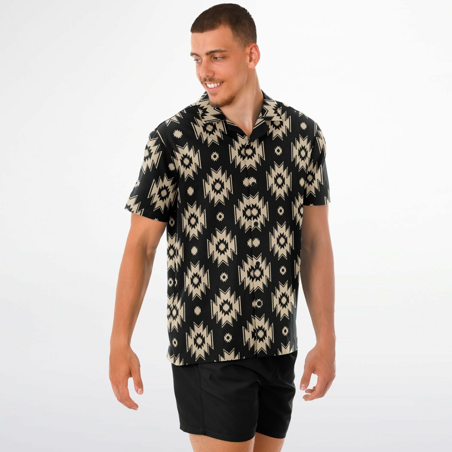 Traditional pattern spread collar shirt mockup on male model from an angle