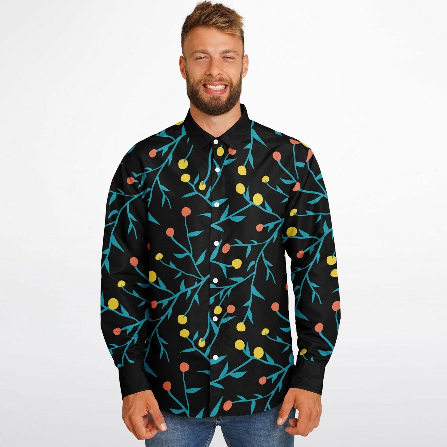 Tropical Pattern Long Sleeve Button Down Shirt - AOP