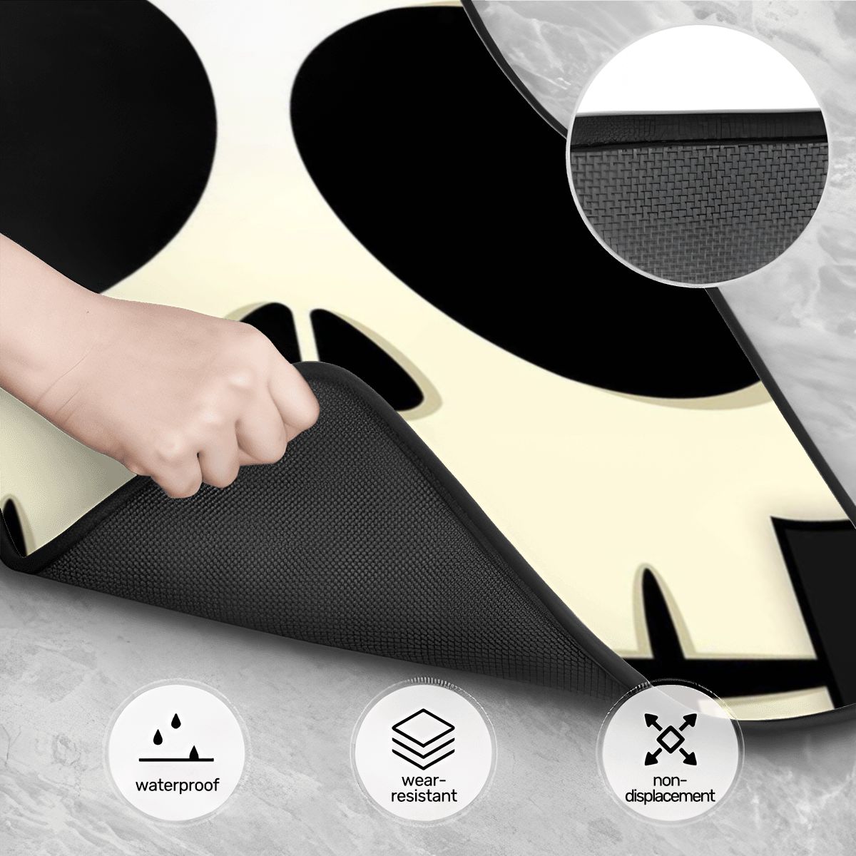 Person holding a black mat with inset showing texture, and icons indicating waterproof, wear-resistant, and non-displacement properties.