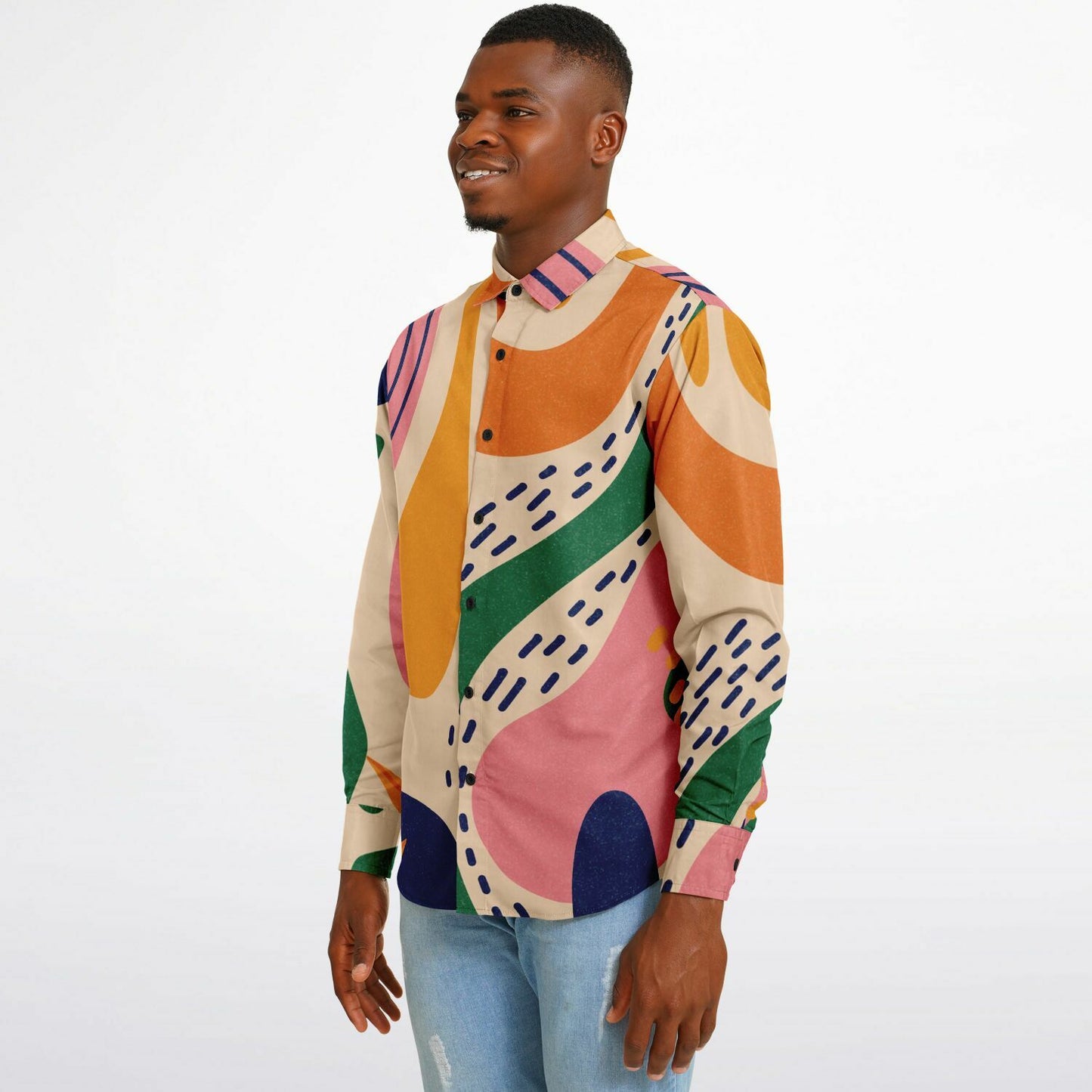 Abstract Artwork Long Sleeve Button Down Shirt - AOP