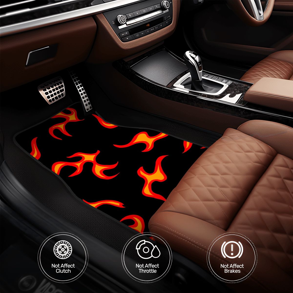 Car interior with flame-patterned floor mat and brown leather seats.