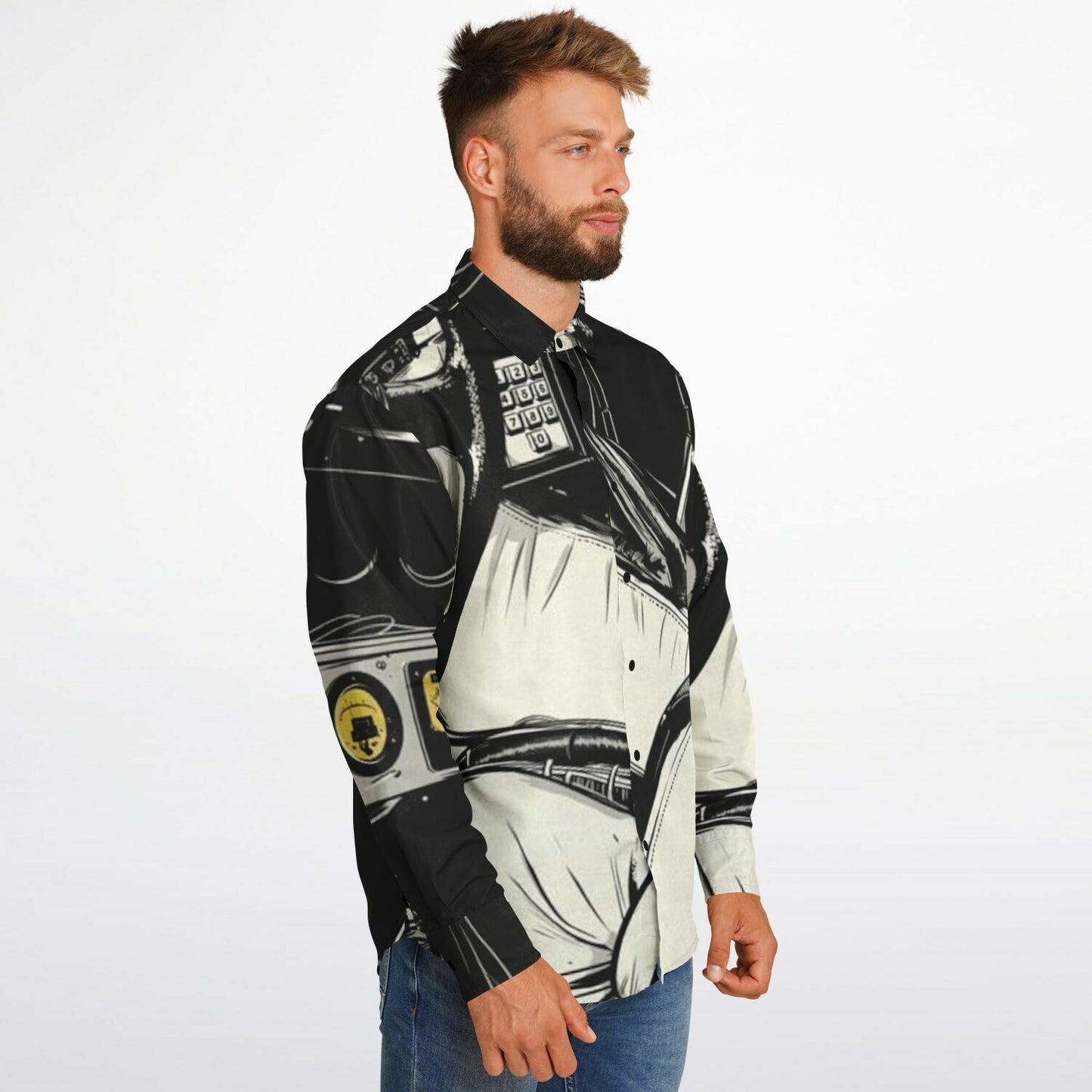 Delorean Time Machine Illustration Long Sleeve Button Down Shirt - AOP