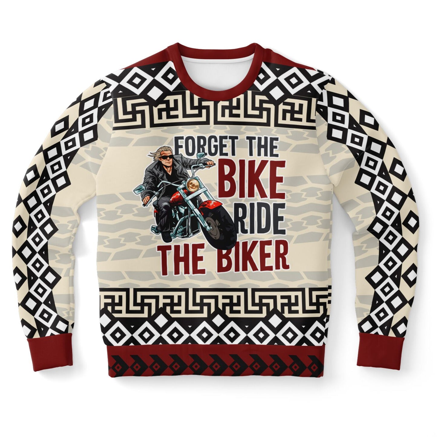 Sweater with motorcycle graphic and text 'Forget the bike, ride the biker' on a geometric patterned background.