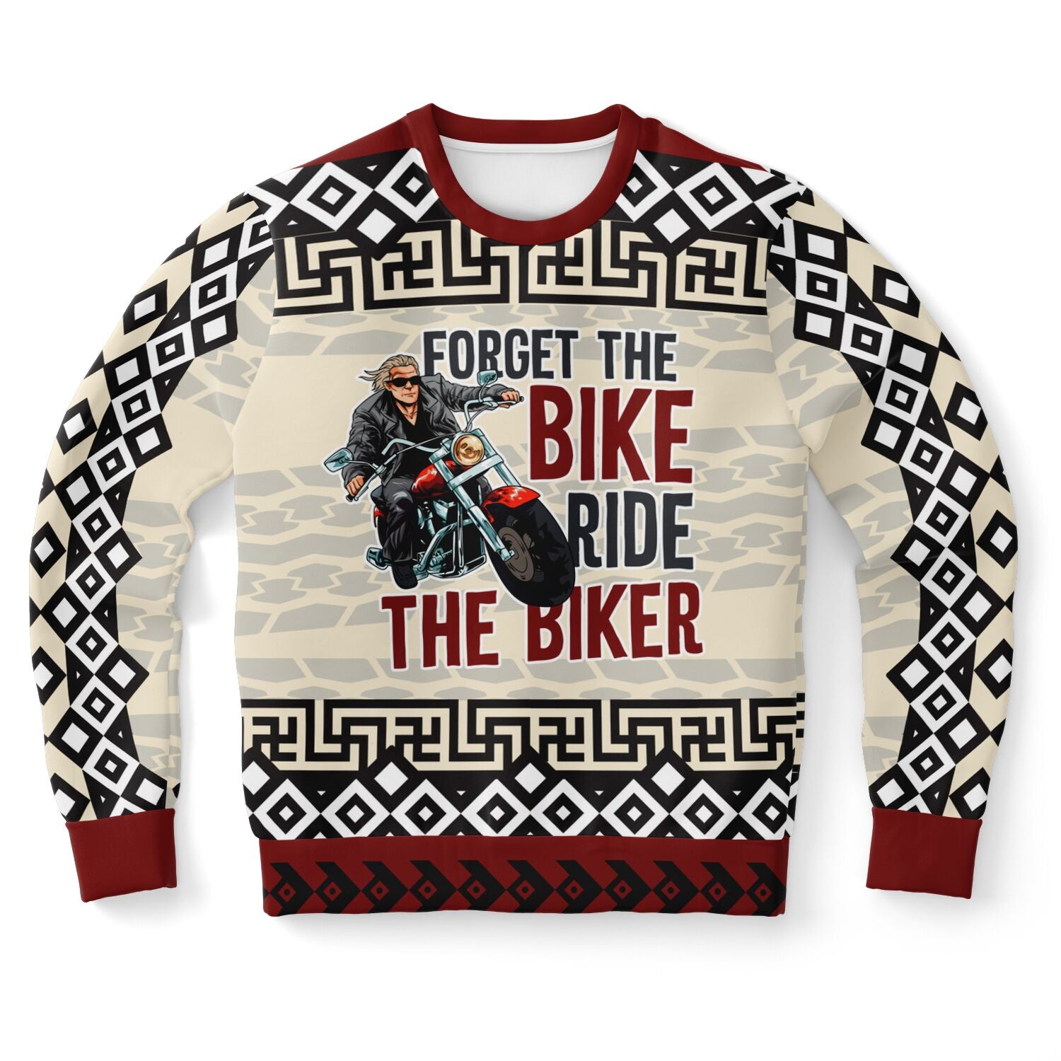 Sweater with motorcycle graphic and text 'Forget the bike, ride the biker' on a geometric patterned background.