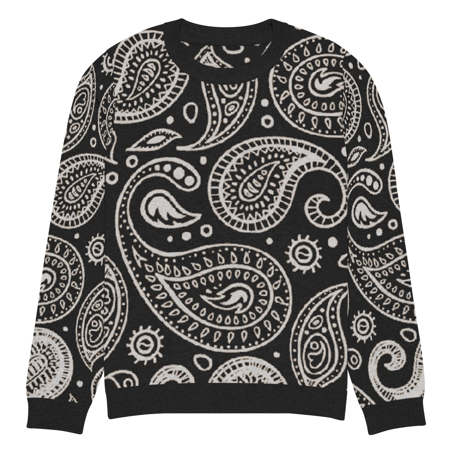 Product mockup of paisley pattern knitted sweater front.