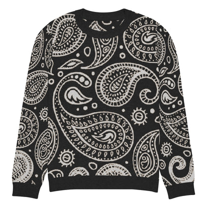 Product mockup of paisley pattern knitted sweater front.
