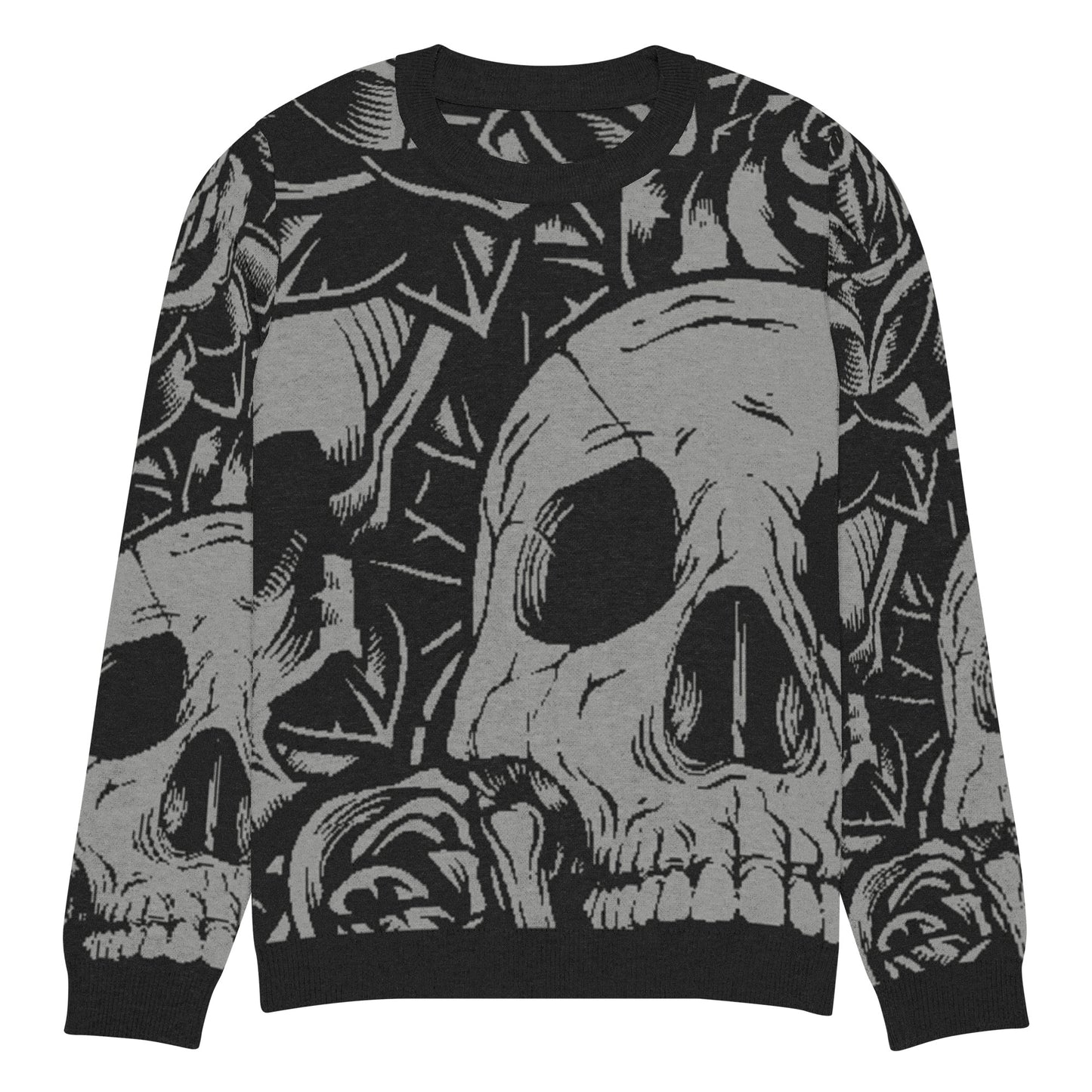 Product mockup of black and white floral skulls artwork knitted sweater