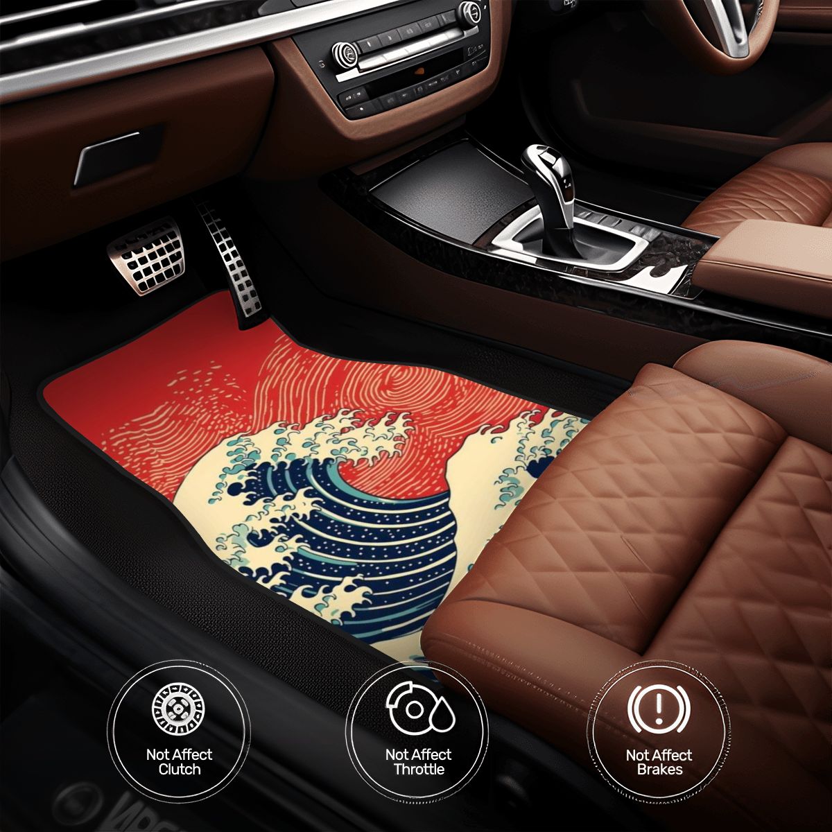 Car interior with a decorative floor mat featuring a wave design.
