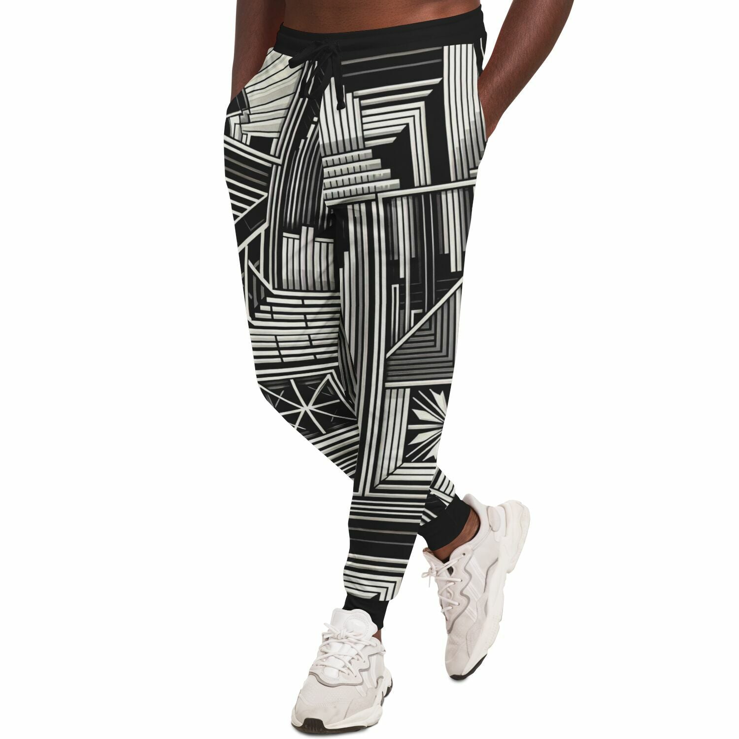 Abstract pattern print fashion sweatpants product mockup on male model in style.