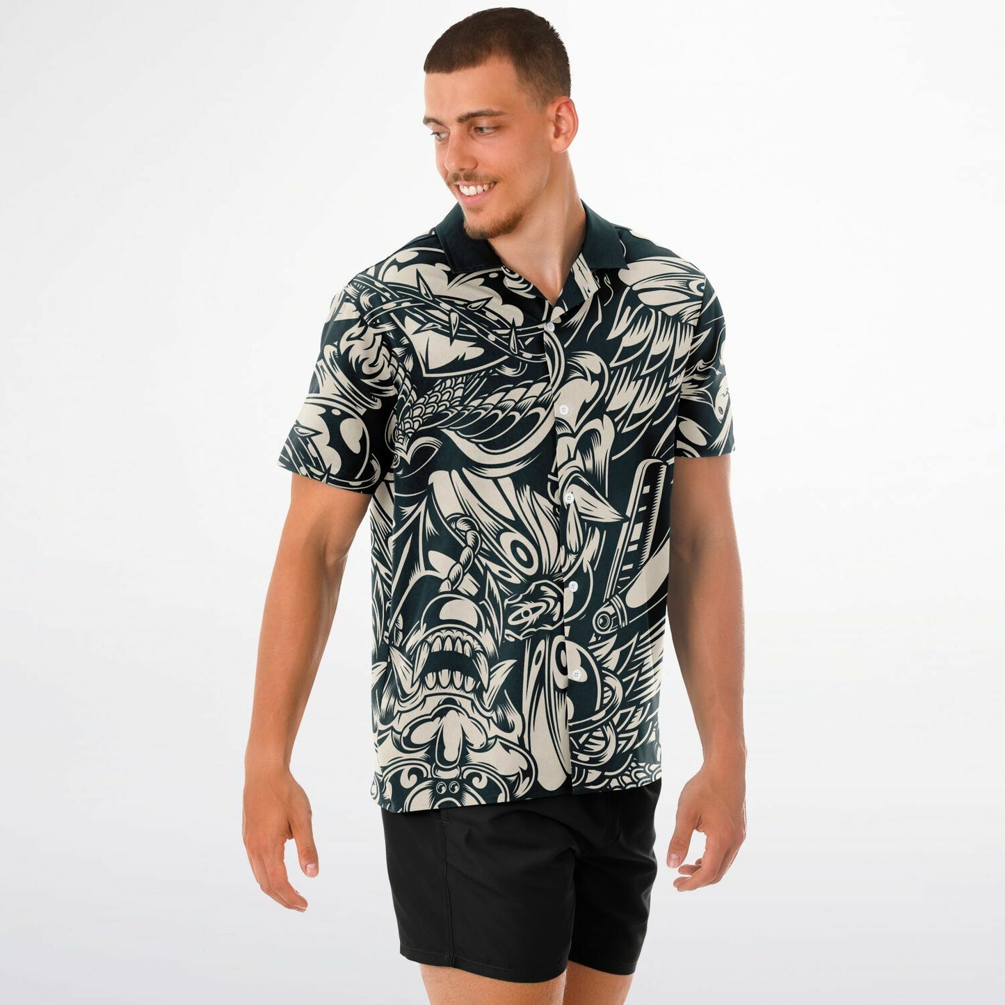 Abstract B&W Spread Collar Short Sleeve Shirt