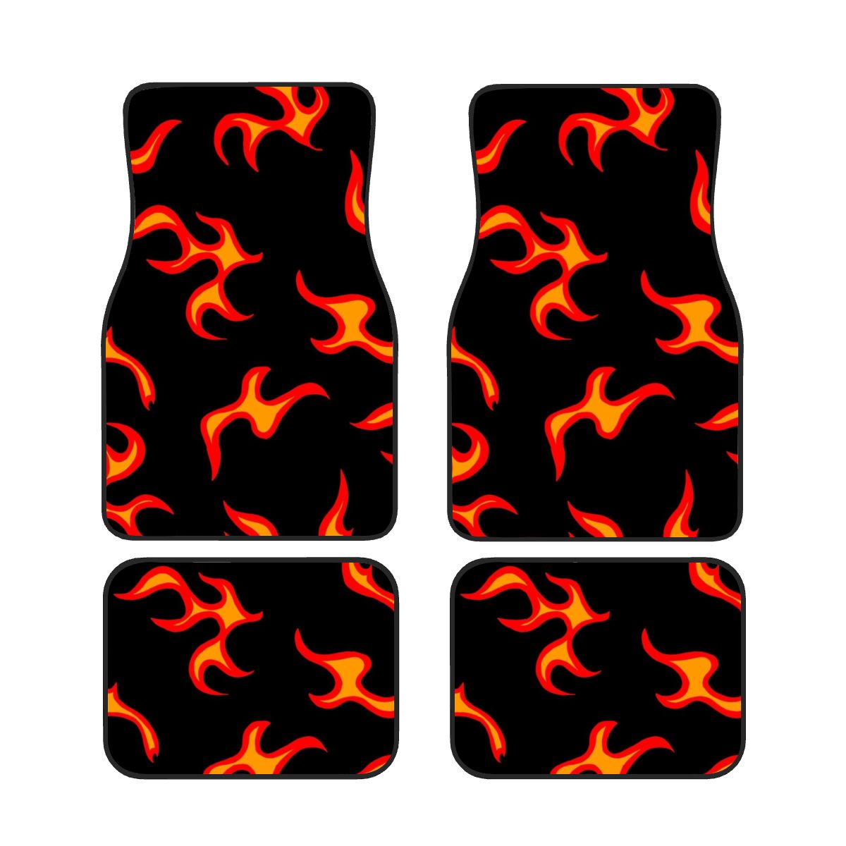 Set of four car floor mats with flame pattern on a black background