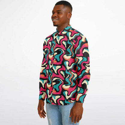 Red Blue Pattern Long Sleeve Button Down Shirt - AOP