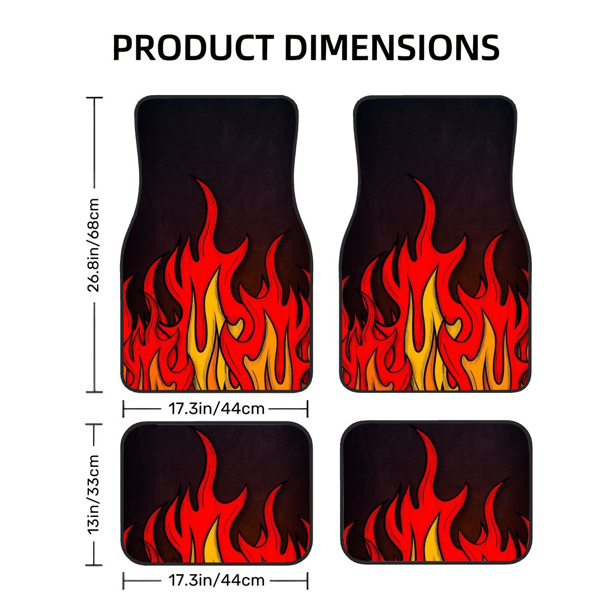 Car floor mats with flame design and dimensions on a white background