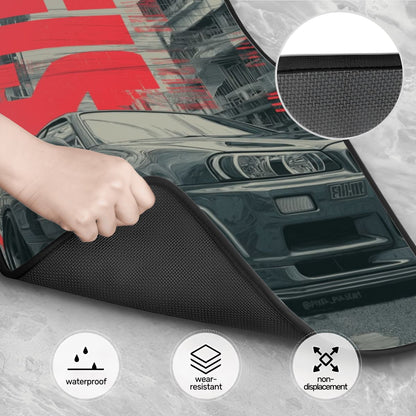 Car dashboard cover being held with a close-up of the material, cityscape background