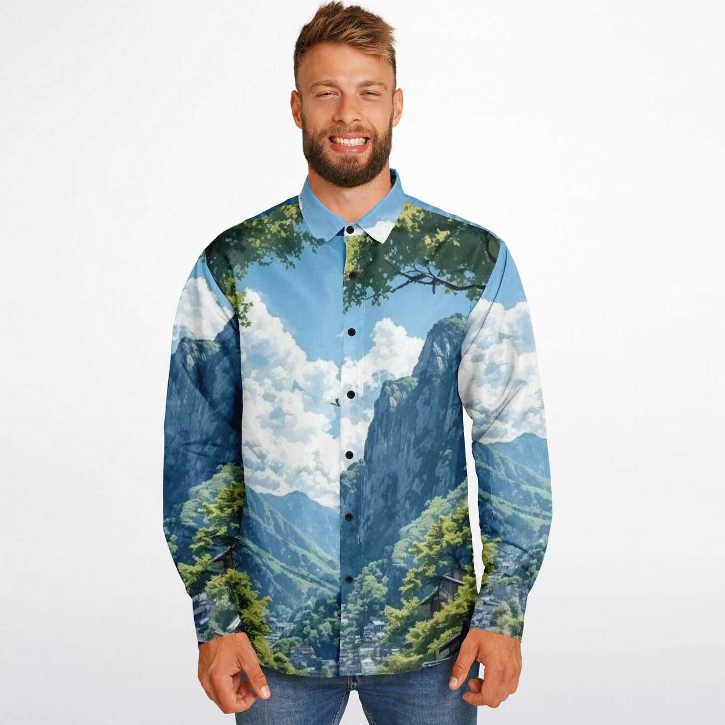 GTR in Japanese Mountain Long Sleeve Button Down Shirt - AOP