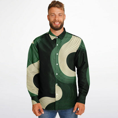 Royal Green Waves Pattern Long Sleeve Button Down Shirt - AOP