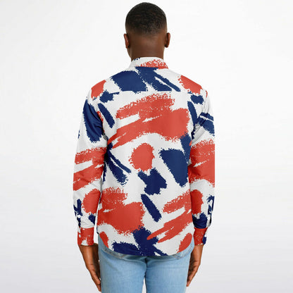 Red and Blue Brushstroke Long Sleeve Button Down Shirt - AOP