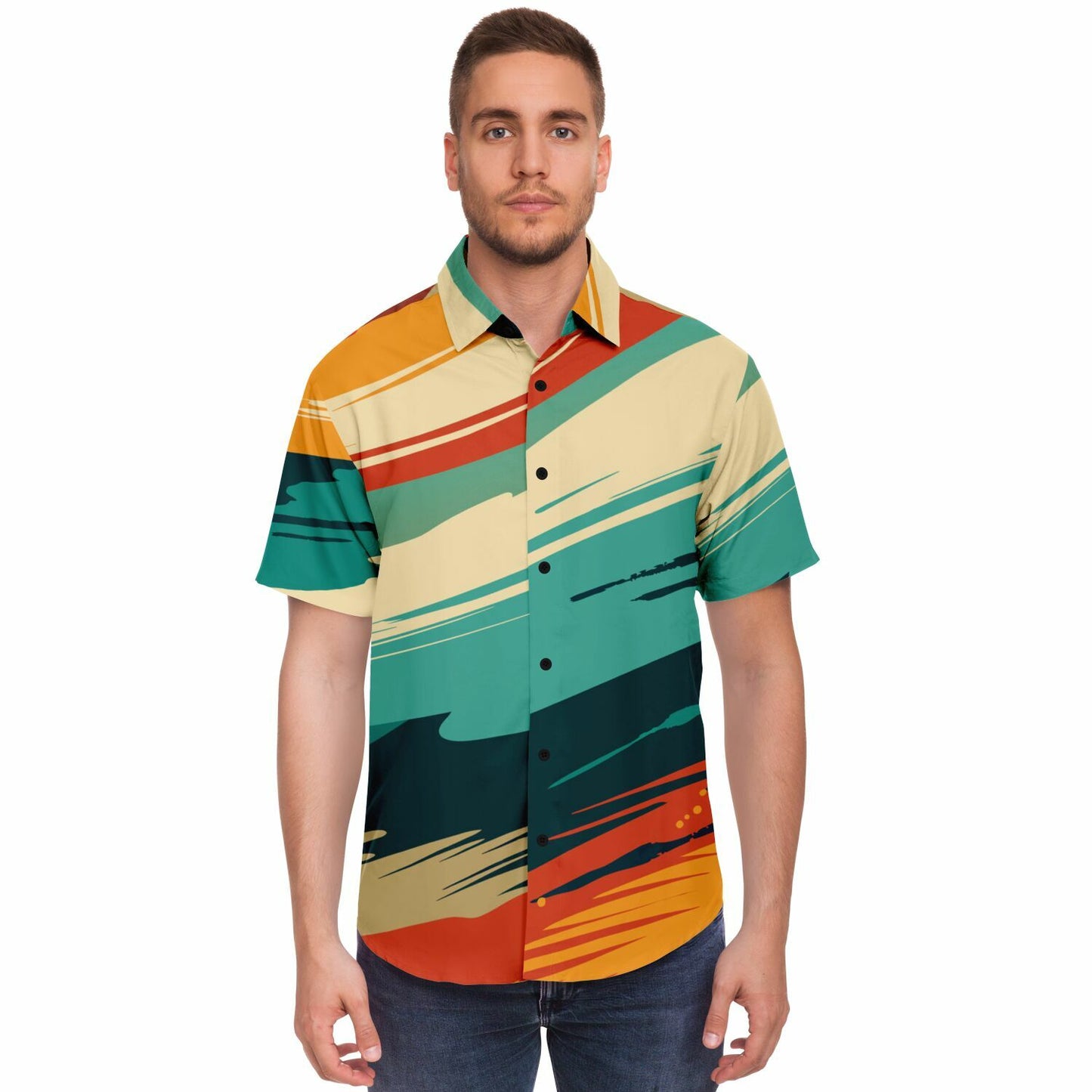 Abstract Grunge Paintstrokes Short Sleeve Button Down Shirt - AOP