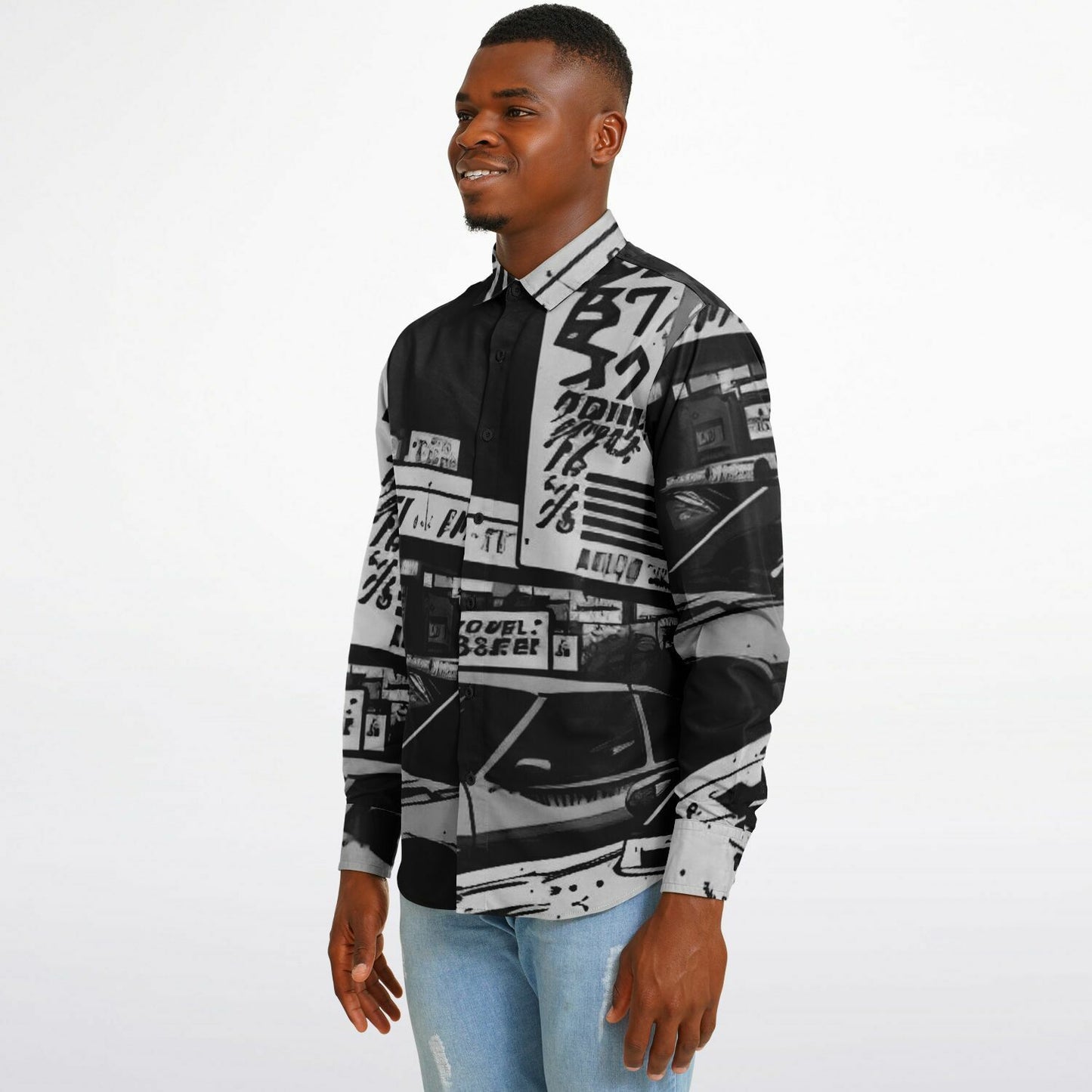 Black and White JDM Art Long Sleeve Button Down Shirt - AOP