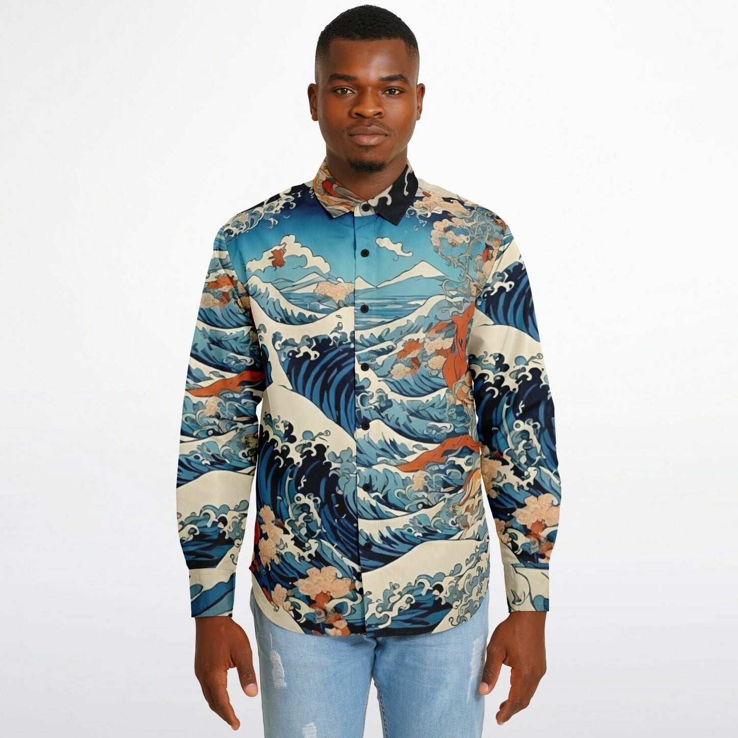 The Great Japanese Wave Artwork Long Sleeve Button Down Shirt - AOP