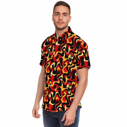 Orange Yellow Abstract Pattern Short Sleeve Button Down Shirt - AOP