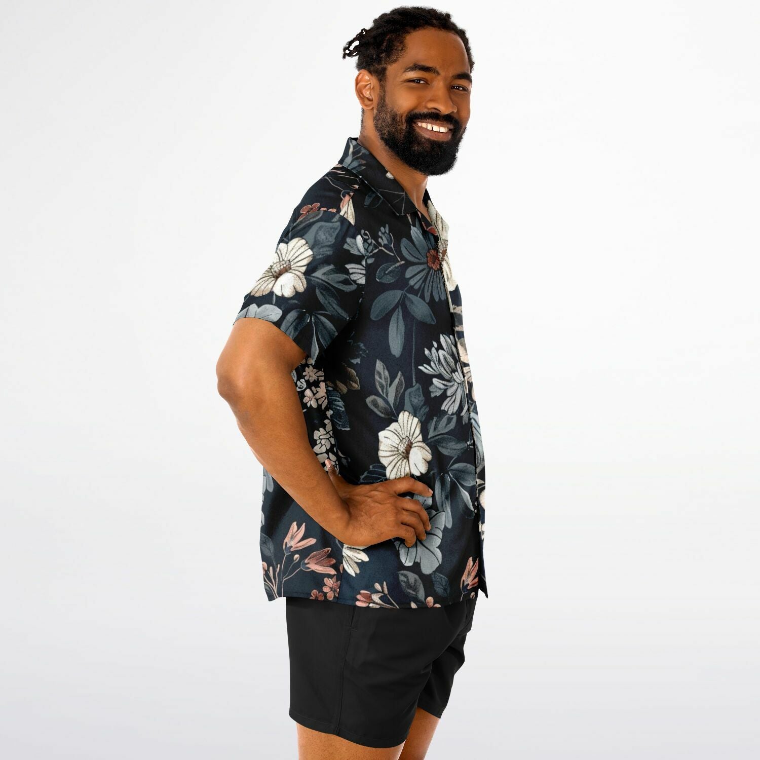 Floral pattern shirt mockup on male model from the side.