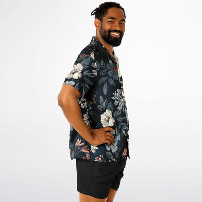 Floral pattern shirt mockup on male model from the side.