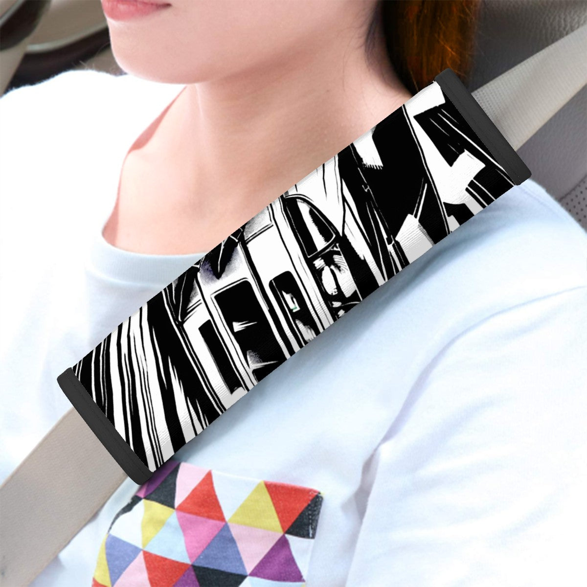 Jdm poster style seat belt cover pad context mockup image inside a car.