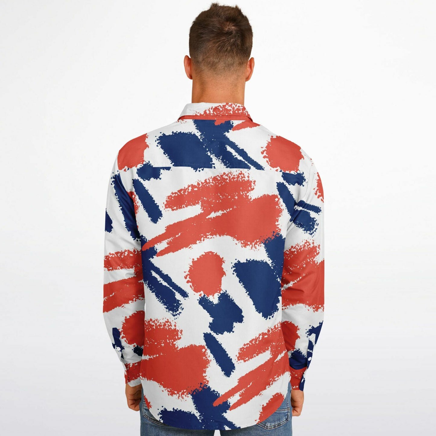 Red and Blue Brushstroke Long Sleeve Button Down Shirt - AOP