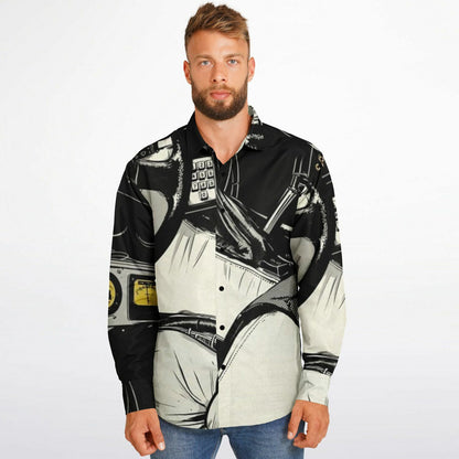Delorean Time Machine Illustration Long Sleeve Button Down Shirt - AOP