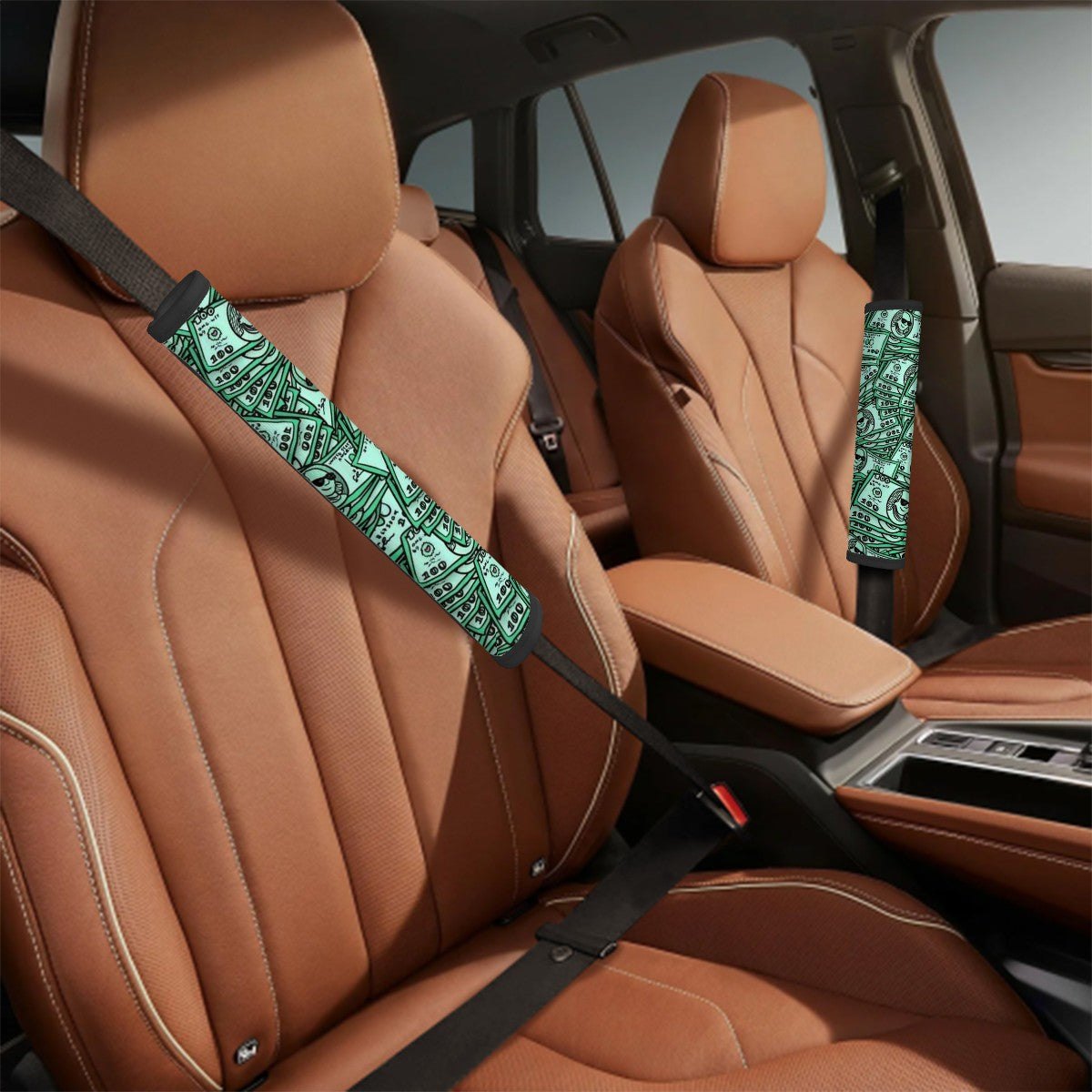 Dollar Bills Collage Seat Belt Cover Pad 2 Pcs