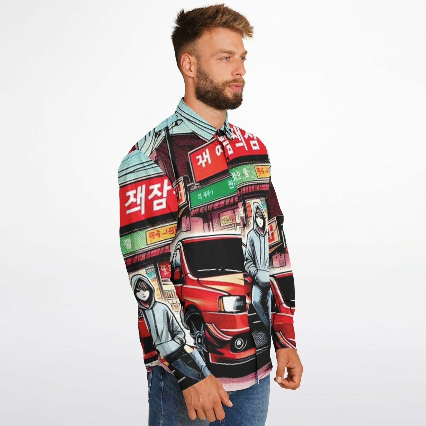 Japanese Street Painting Artwork Long Sleeve Button Down Shirt - AOP