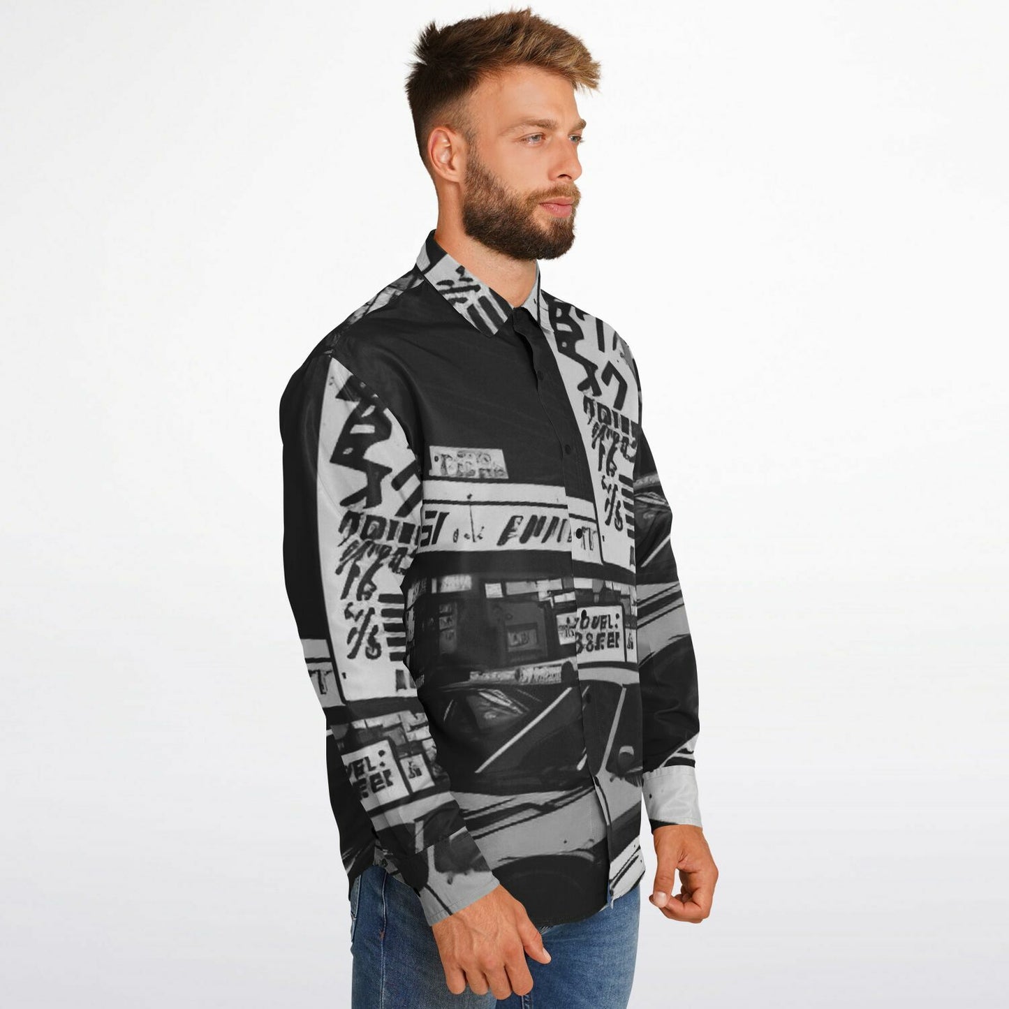 Black and White JDM Art Long Sleeve Button Down Shirt - AOP