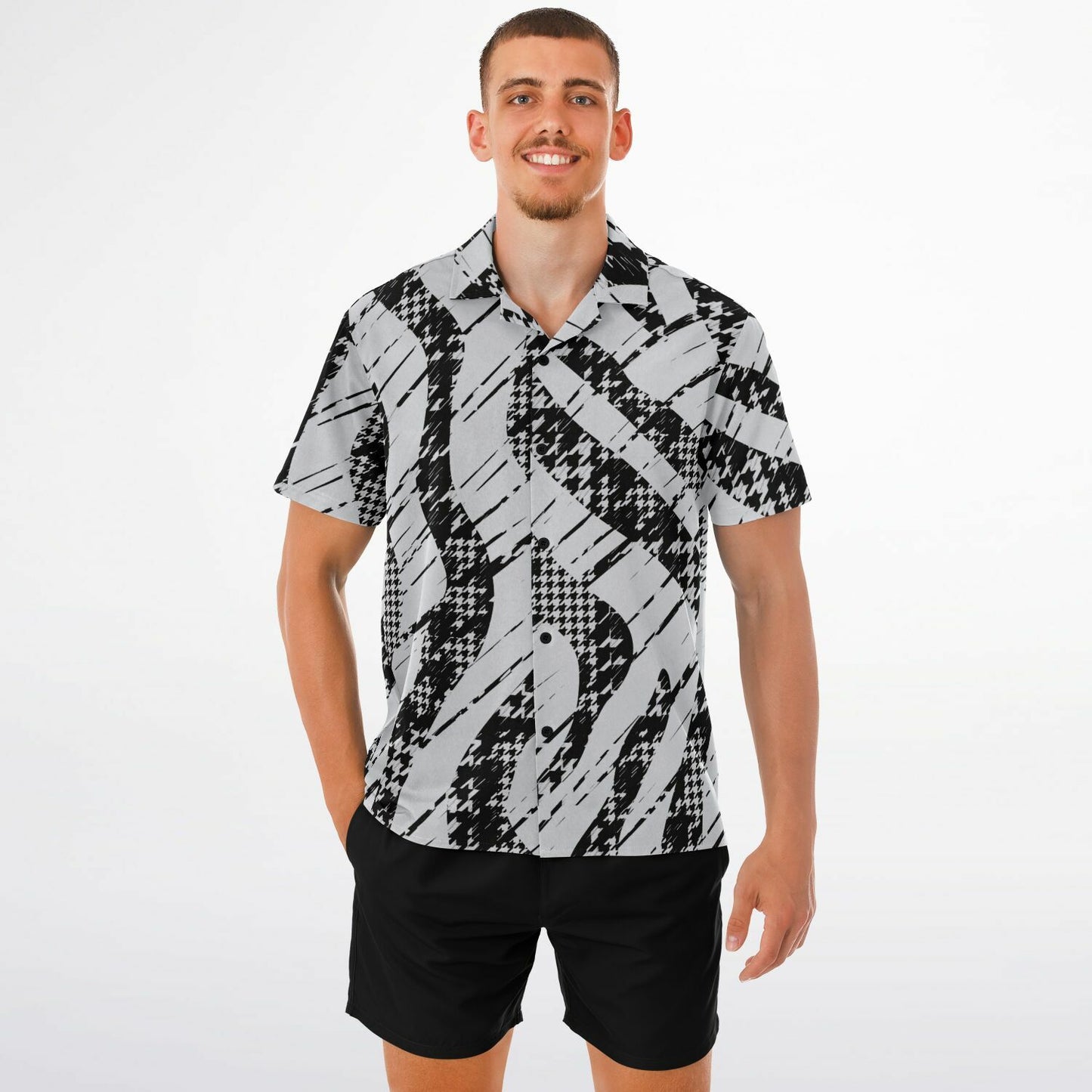 B&W Abstract Spread Collar Short Sleeve Shirt